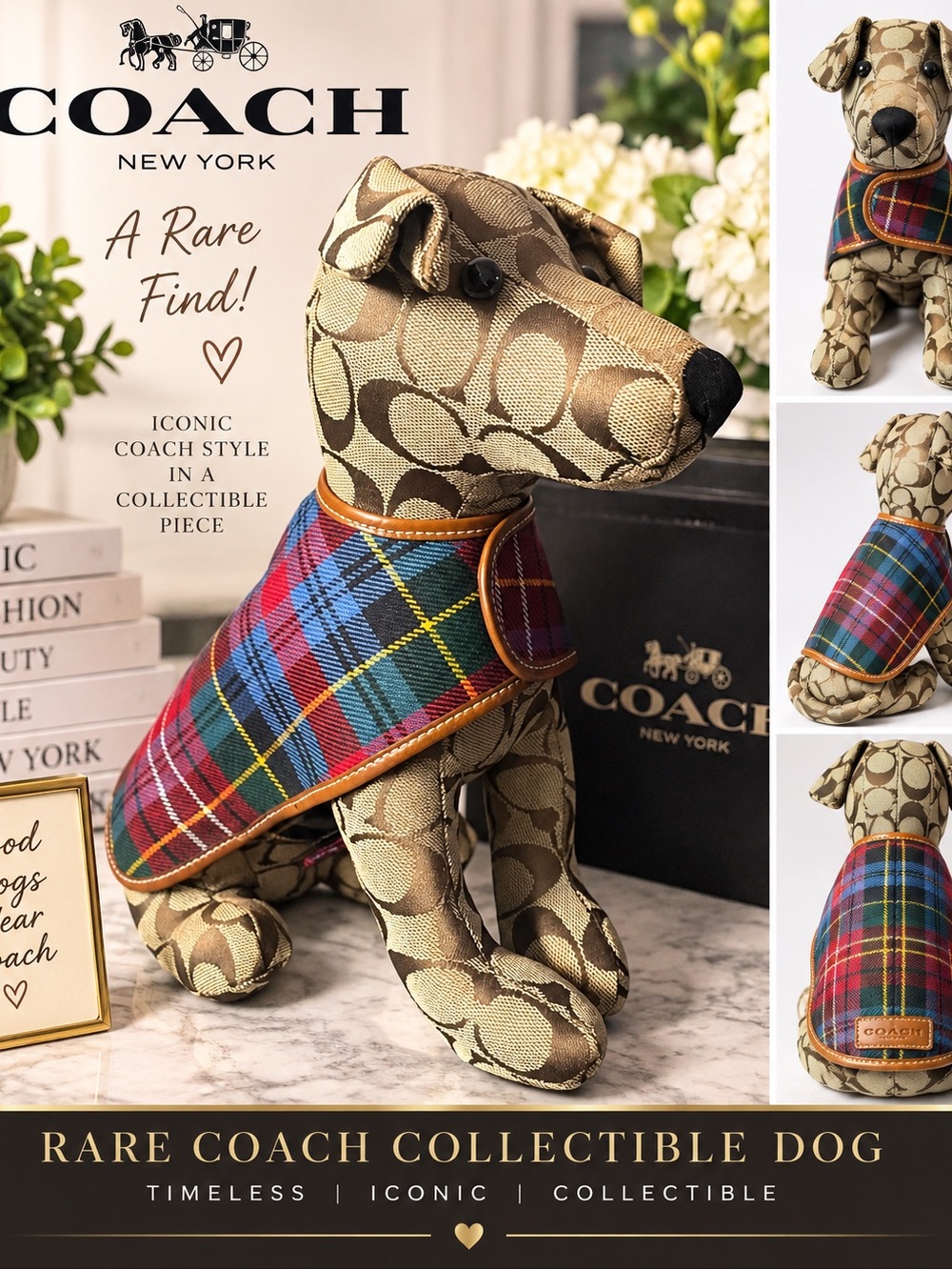 Coach Multicolor Plaid Trim Signature Jacquard Dog Figurine